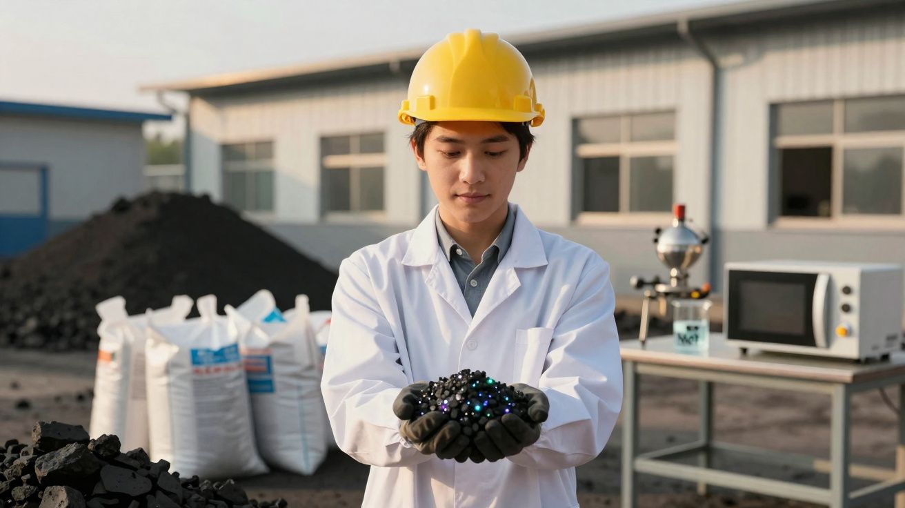 Homem com capacete amarelo e bata branca segura carvão brilhante com luvas numa área industrial.