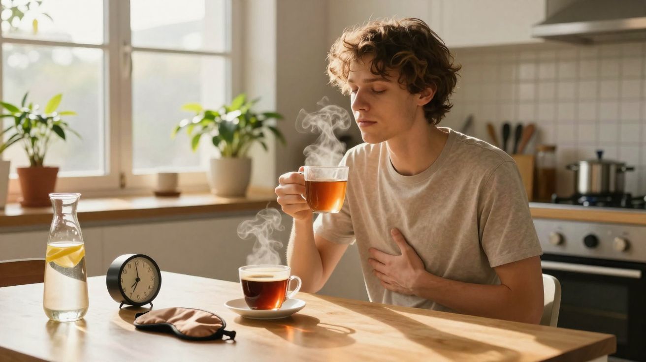 Jovem sentado à mesa da cozinha a segurar chá quente com olhos fechados para relaxar.