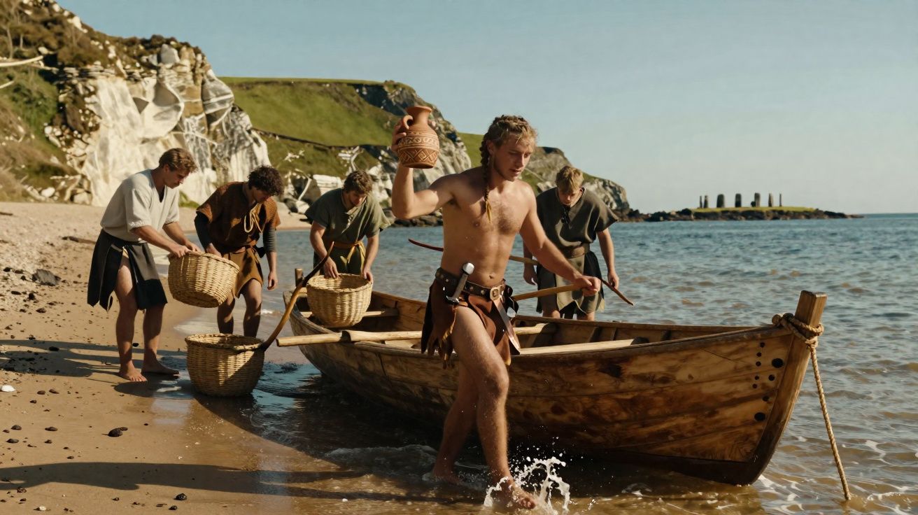 Homens em roupas antigas desembarcando de canoa de madeira numa praia rochosa com cestos e ânfora.