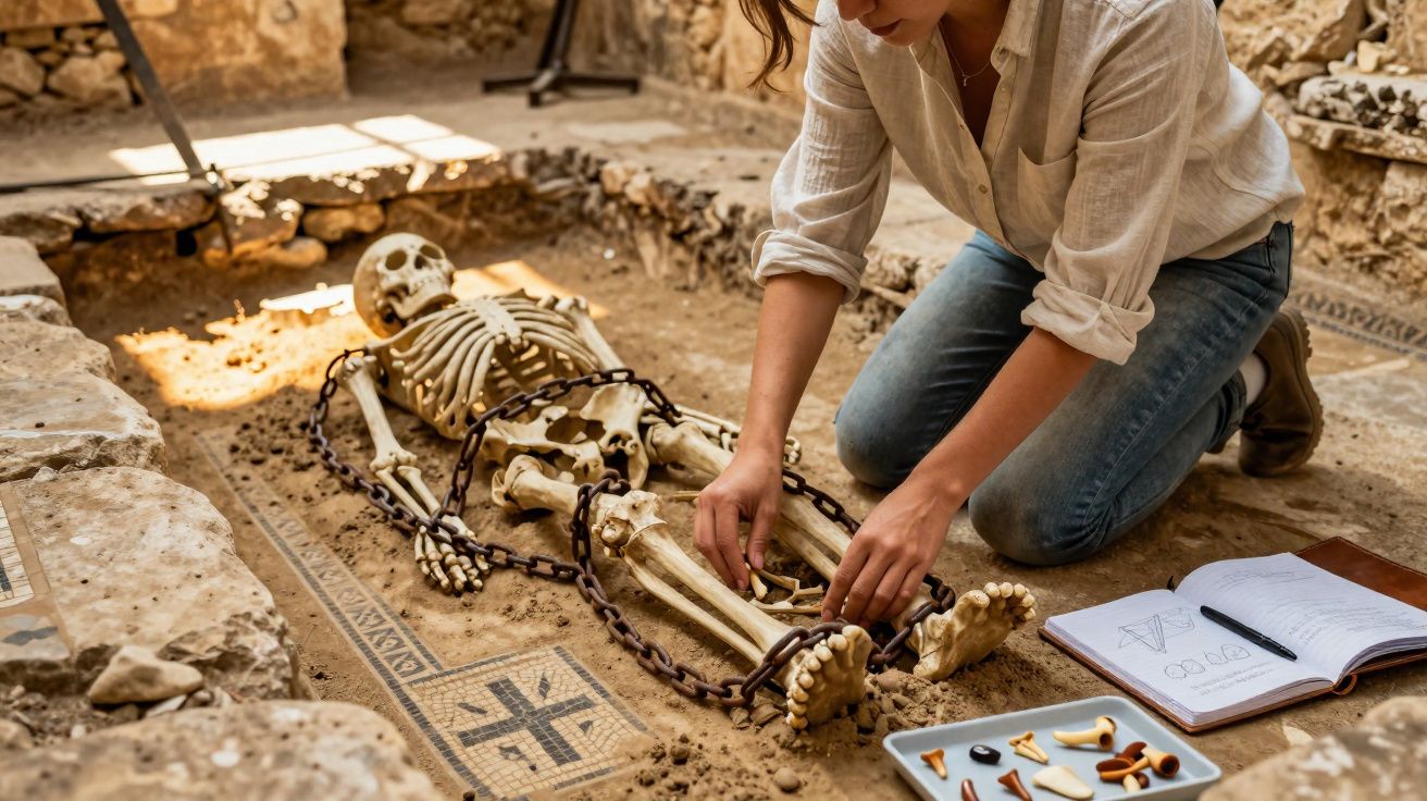 Arqueóloga examina esqueleto humano com correntes durante escavação arqueológica detalhada.
