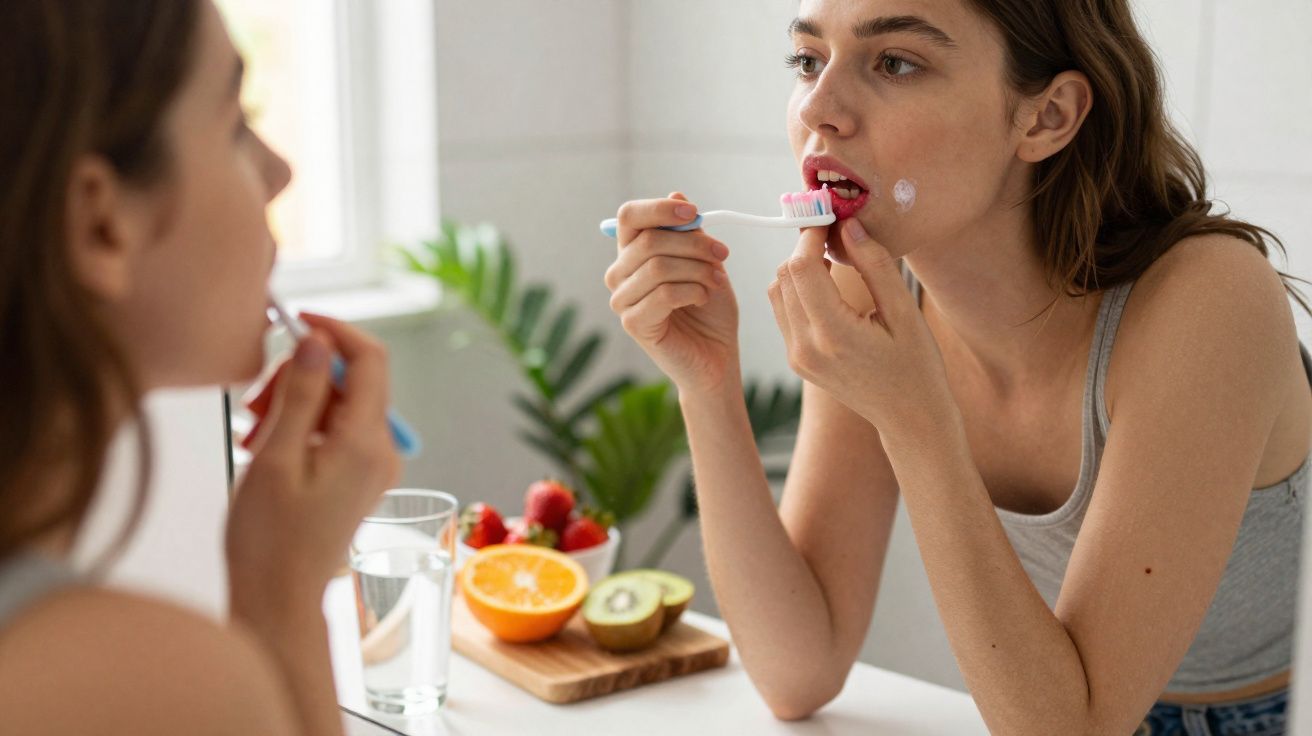 Jovem a aplicar creme nos lábios enquanto se olha ao espelho numa casa de banho.