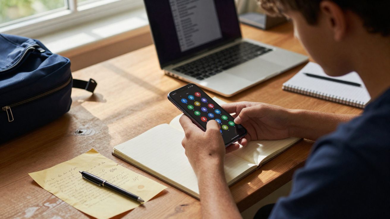 Pessoa a usar smartphone junto a caderno aberto, computador portátil e mochila sobre mesa de madeira.