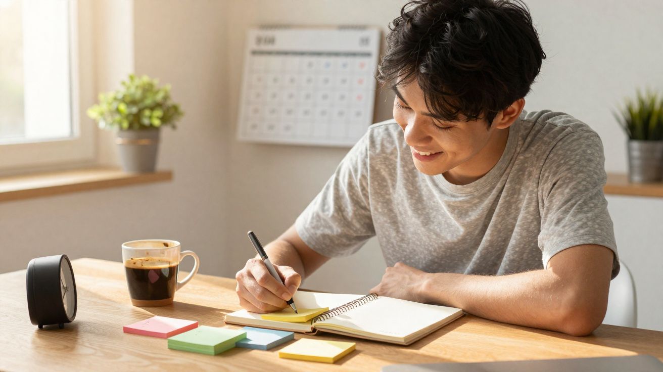 Jovem sentado a escrever num bloco de notas numa mesa com calendário, relógio, café e post-its.