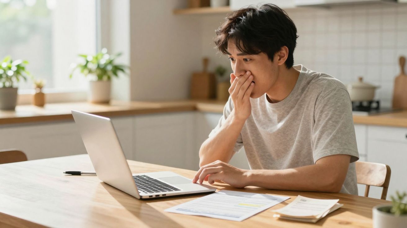 Homem preocupado a olhar para o computador portátil numa cozinha, com documentos espalhados na mesa à sua frente.
