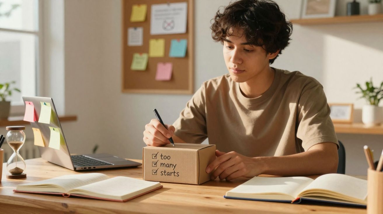 Jovem sentado numa secretária a escrever numa caixa com o texto "too many starts", rodeado de livros e computador.