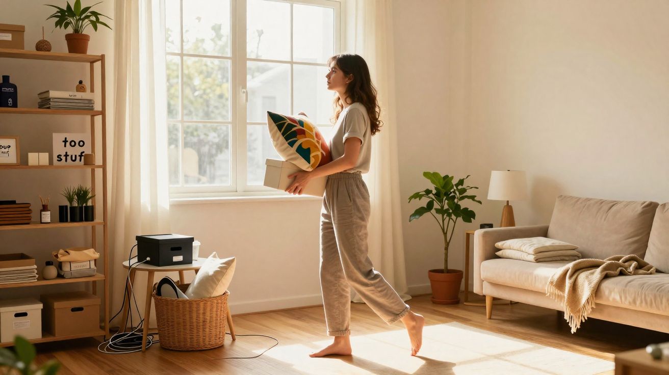 Mulher descalça a organizar almofadas numa sala iluminada com sofá, estante e planta em vaso.