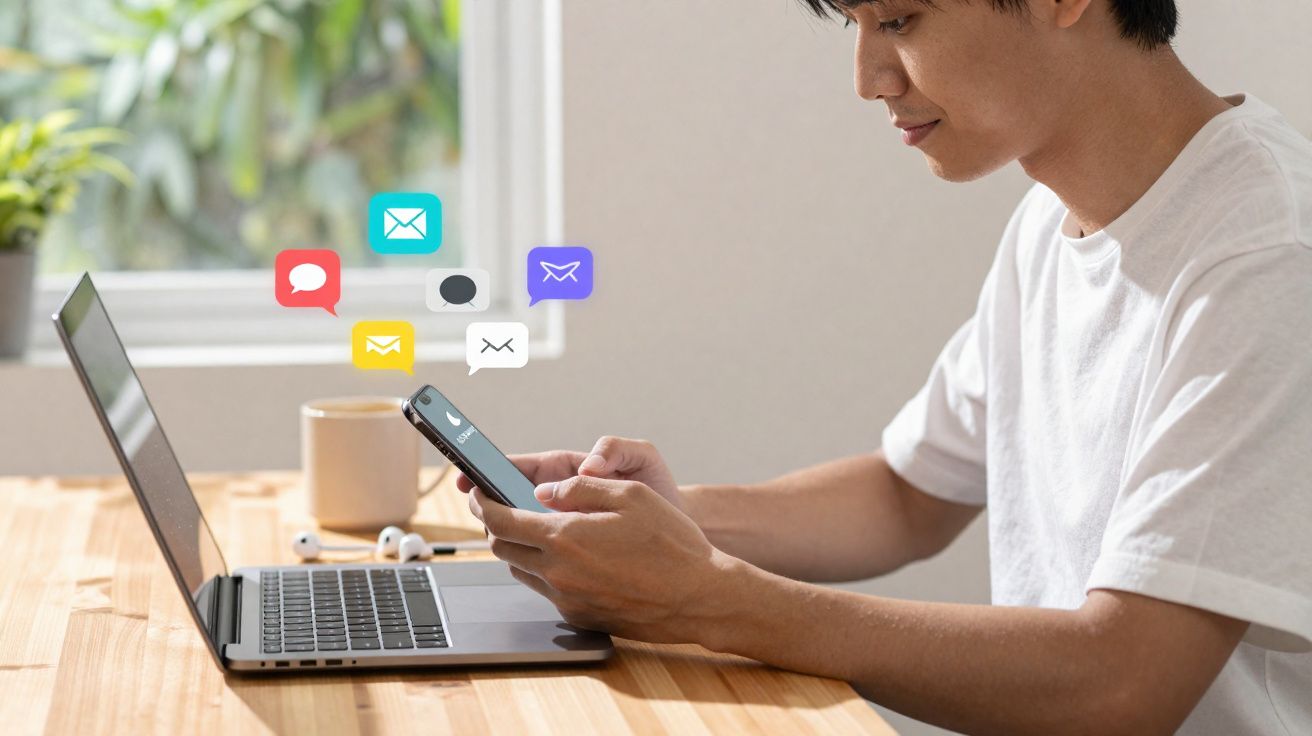 Homem sentado junto a computador portátil, a ler mensagens no telemóvel numa mesa de madeira.