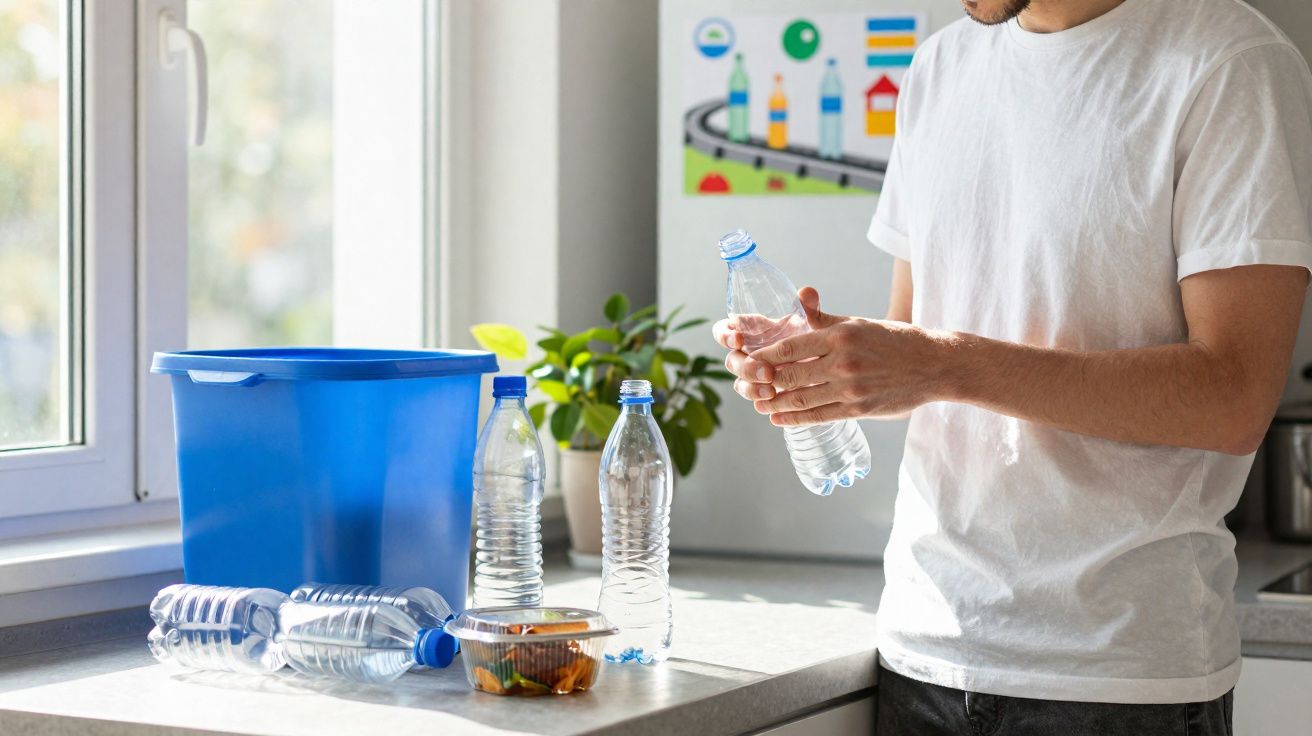 Pessoa a segurar garrafa de plástico junto a contentor azul para reciclagem e várias garrafas sobre bancada.