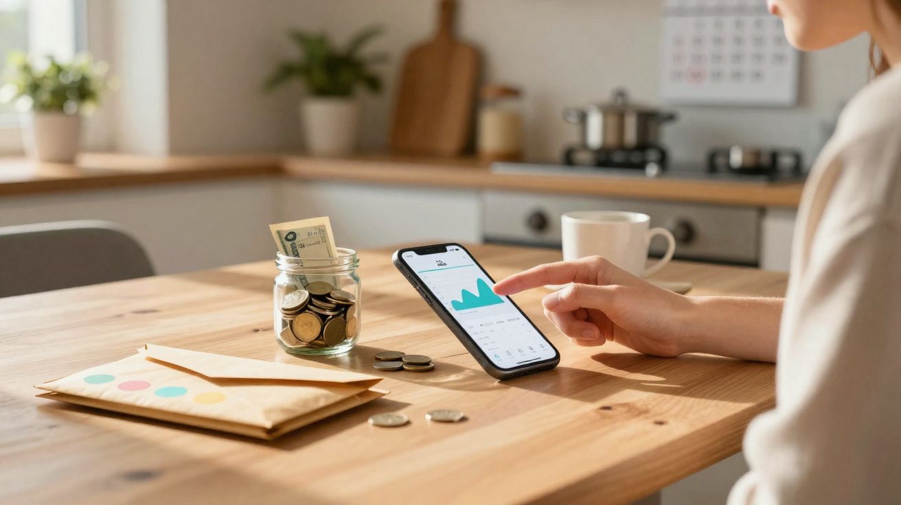 Pessoa a analisar gráficos financeiros num smartphone, com moedas, envelopes e café numa mesa de madeira.