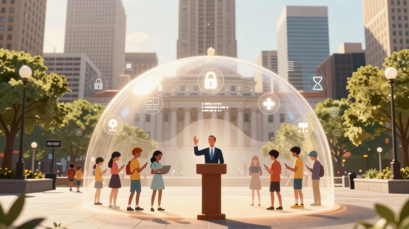 Pessoa em púlpito rodeada por jovens dentro de uma cúpula de proteção digital numa praça urbana.