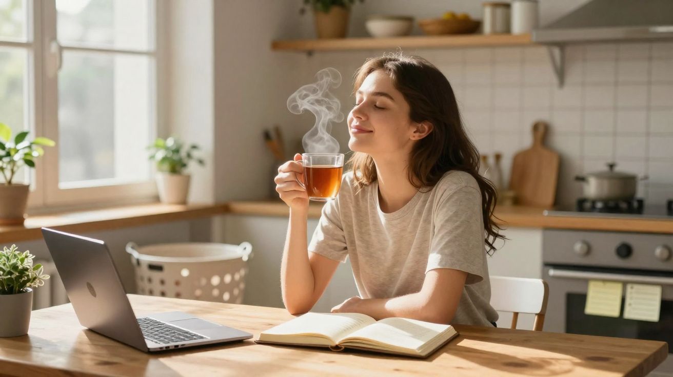 Mulher sentada à mesa na cozinha, a beber chá quente com olhos fechados e um livro aberto à frente.