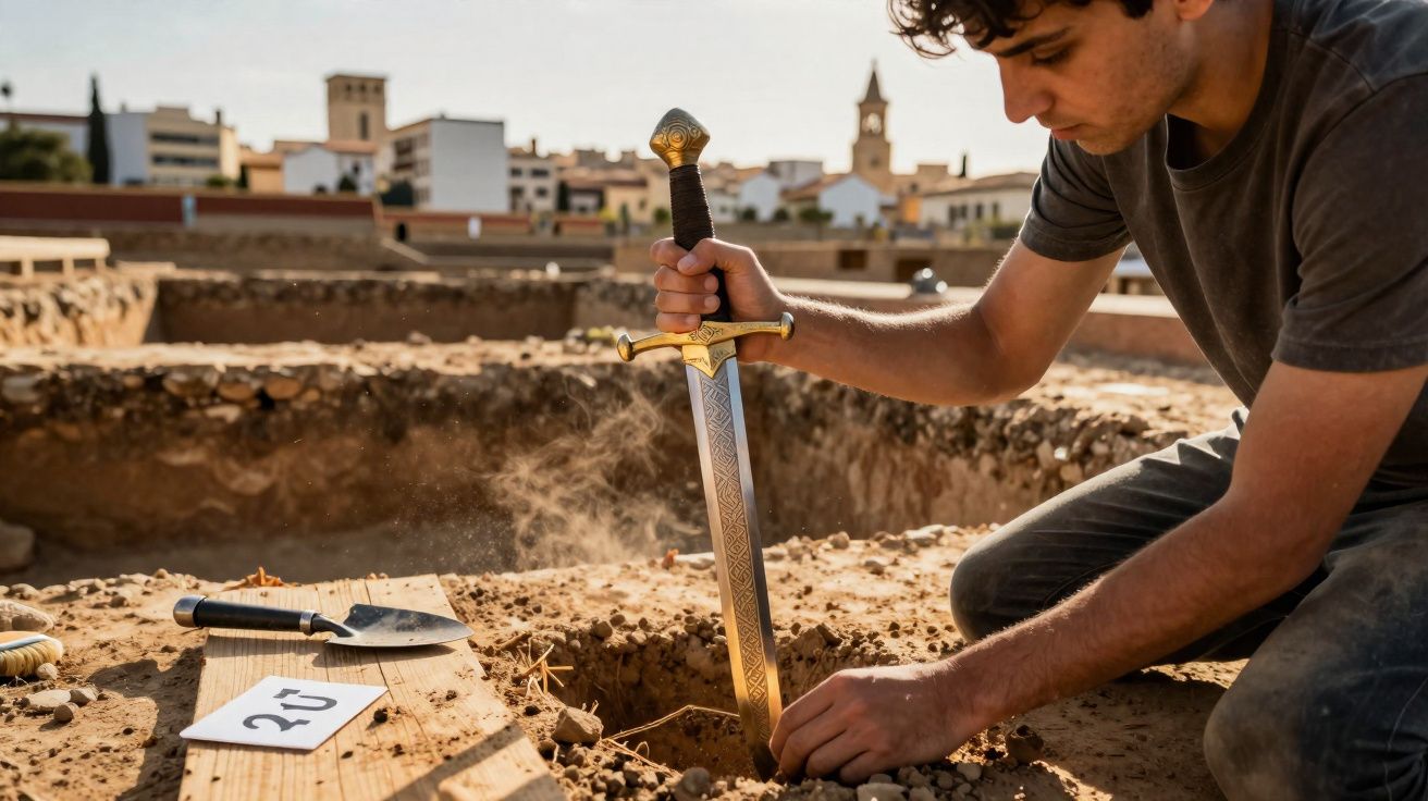 Homem a fotografar uma espada antiga cravada no solo durante escavação arqueológica.