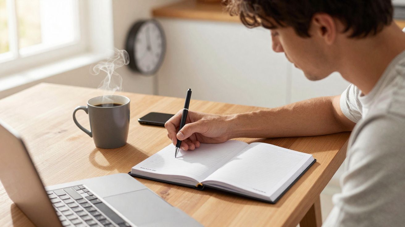 Pessoa a escrever numa agenda junto a portátil, telemóvel e chá quente com vapor num ambiente iluminado.