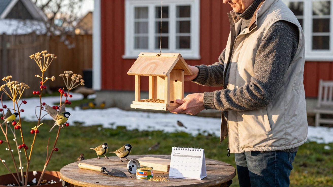 Homem a colocar alimento numa casinha de passarinhos num jardim com neve, mesa redonda com ferramentas e três tentilhões.