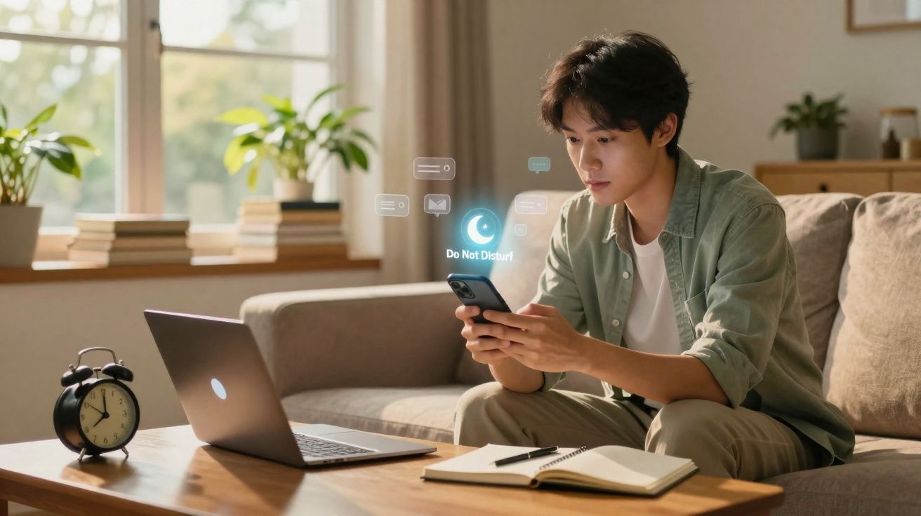 Jovem sentado no sofá a usar telemóvel, laptop aberto e caderno sobre a mesa à frente, luz natural.