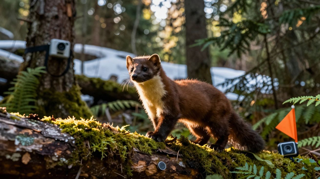 Marta-corça em tronco musgoso numa floresta, com câmaras de ação visíveis ao fundo.