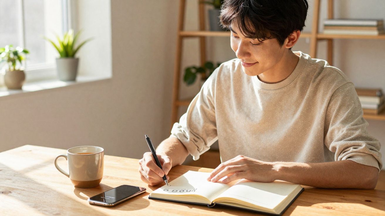 Jovem sentado a escrever num caderno num ambiente luminoso, com chá e telemóvel na mesa.