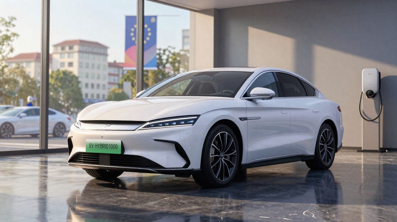 Carro elétrico branco com design moderno estacionado, ligado a estação de carregamento junto a parede.