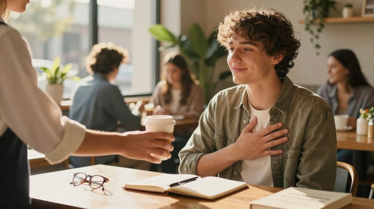 Jovem sentado numa cafeteria recebe uma bebida de um empregado, com caderno aberto à sua frente.