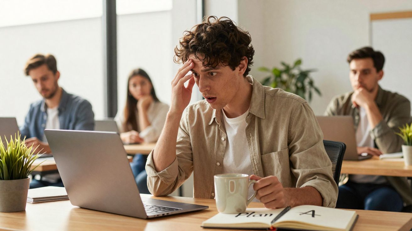 Jovem surpreendido a olhar para o ecrã do computador numa sala com outras pessoas a trabalhar.