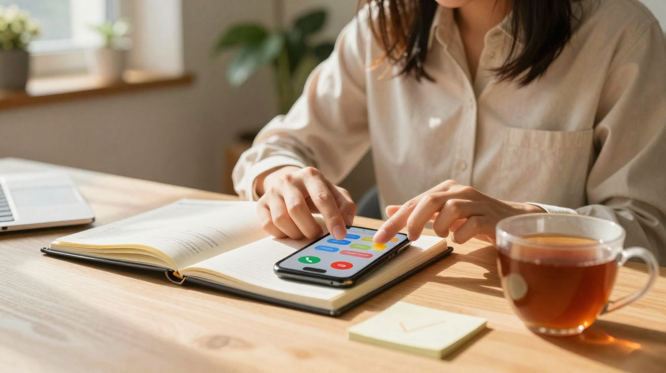 Pessoa a usar smartphone sobre caderno aberto numa mesa com chá, nota adesiva e portátil ao fundo.