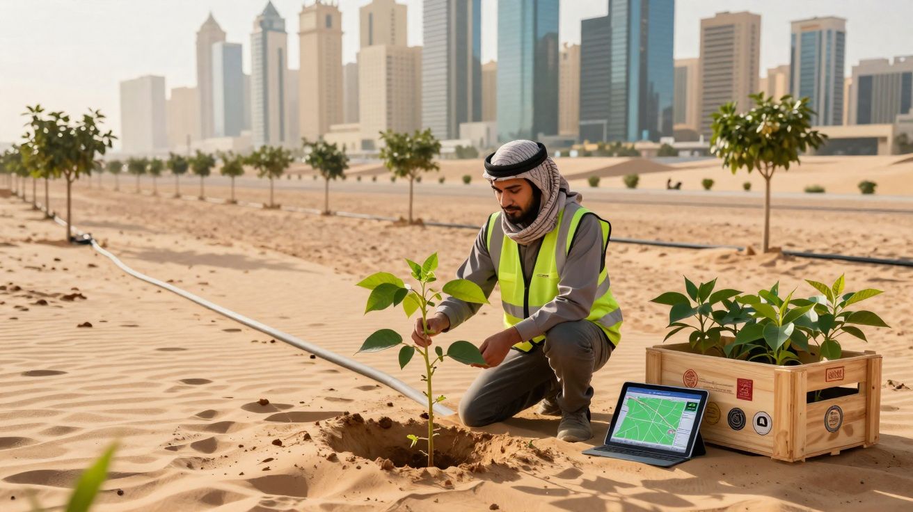 Homem árabe de colete refletor planta árvore no deserto com arranha-céus ao fundo e tablet no chão próximo.