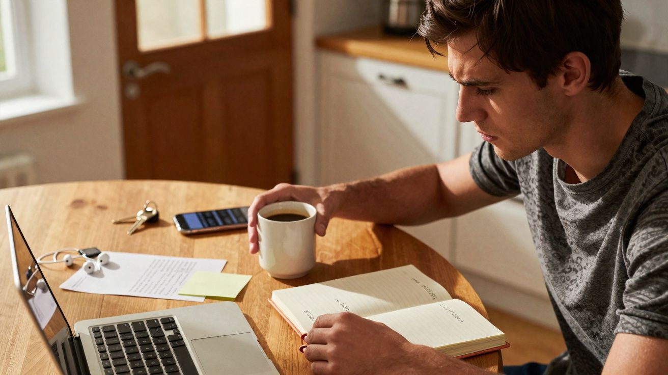 Homem sentado a estudar com caderno, computador portátil e a segurar uma chávena de café numa cozinha.