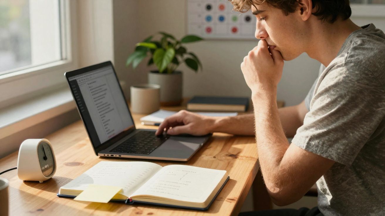 Jovem concentrado a estudar com portátil aberto e caderno numa secretária de madeira junto à janela.