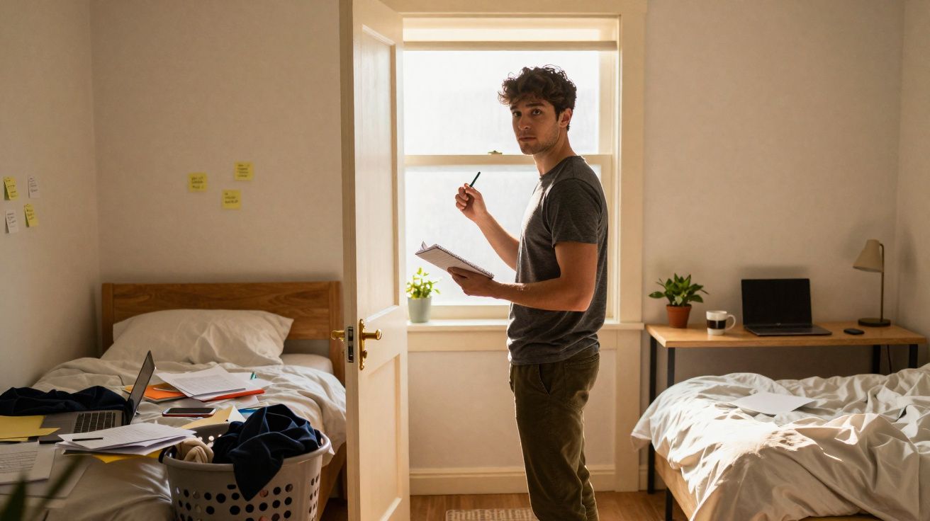 Homem jovem de pé entre duas camas em quarto iluminado, segurando caderno e caneta, olhando para a câmara.