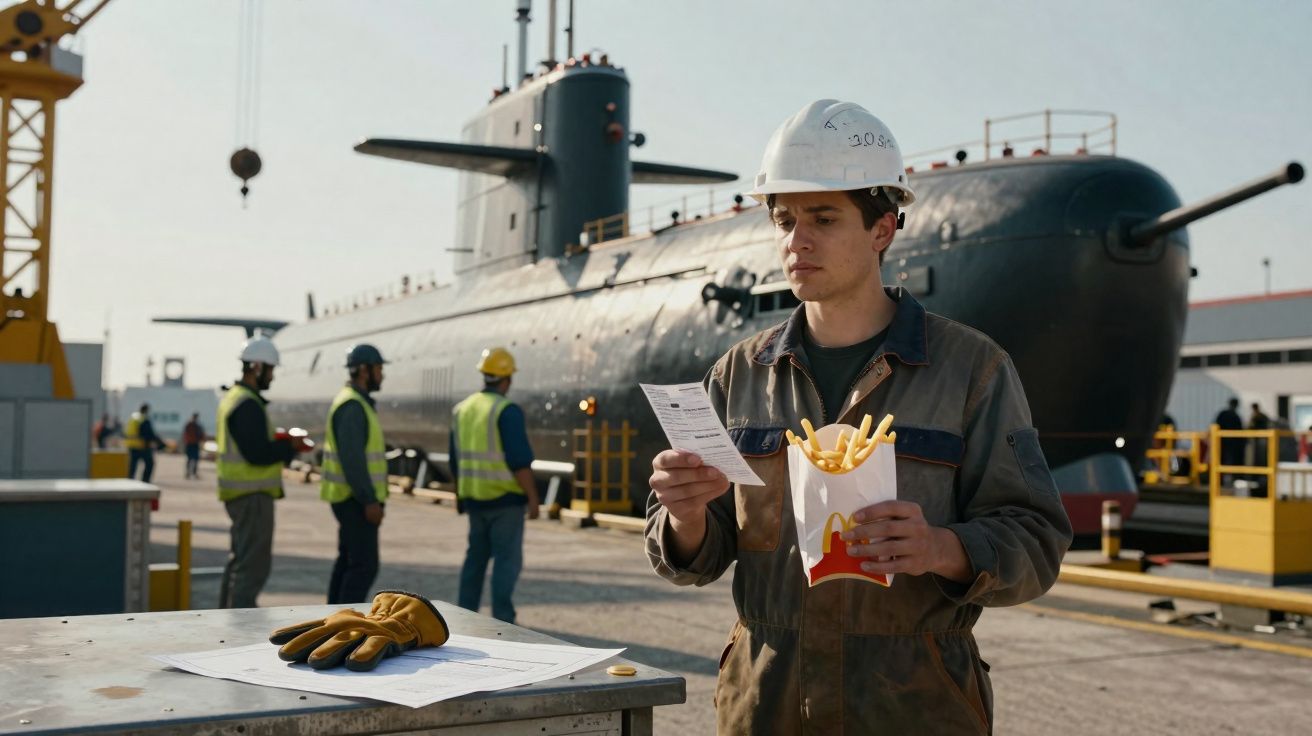 Trabalhador com capacete a segurar batatas fritas e olhar para papel perto de submarino num estaleiro naval.