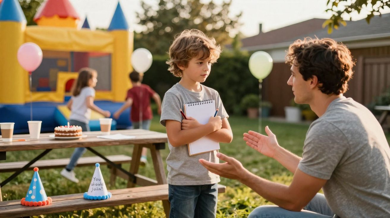 Menino com caderno fala com homem agachado em festa infantil ao ar livre, com insuflável e crianças ao fundo.