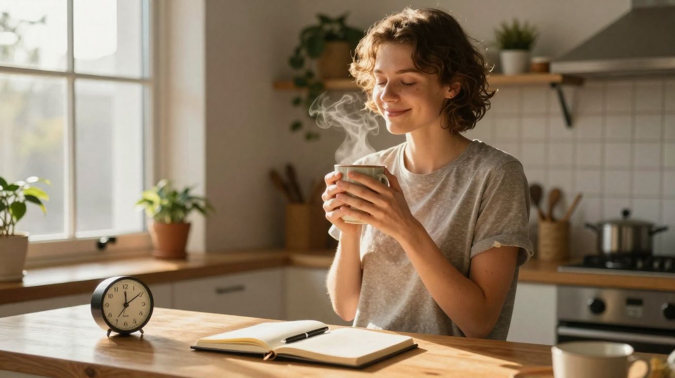 Jovem a desfrutar de uma bebida quente na cozinha, sentada à mesa com um caderno aberto e um relógio.