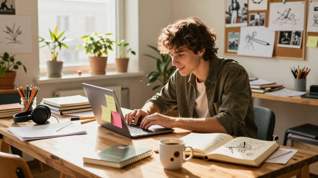 Jovem a trabalhar num laptop numa mesa de madeira com livros, caderno, canecas e plantas à luz natural.