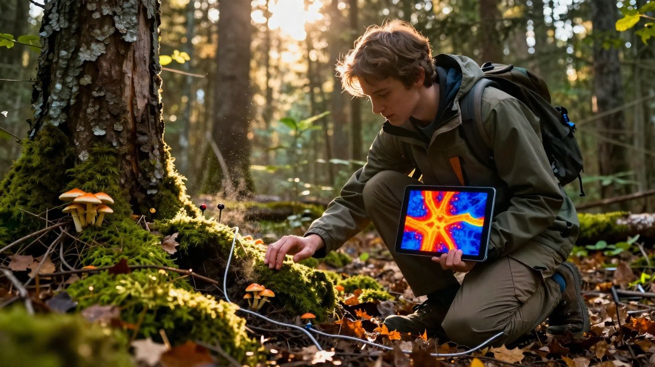 Pessoa com mochila ajoelhada numa floresta, a estudar cogumelos com tablet na mão mostrando uma imagem colorida.