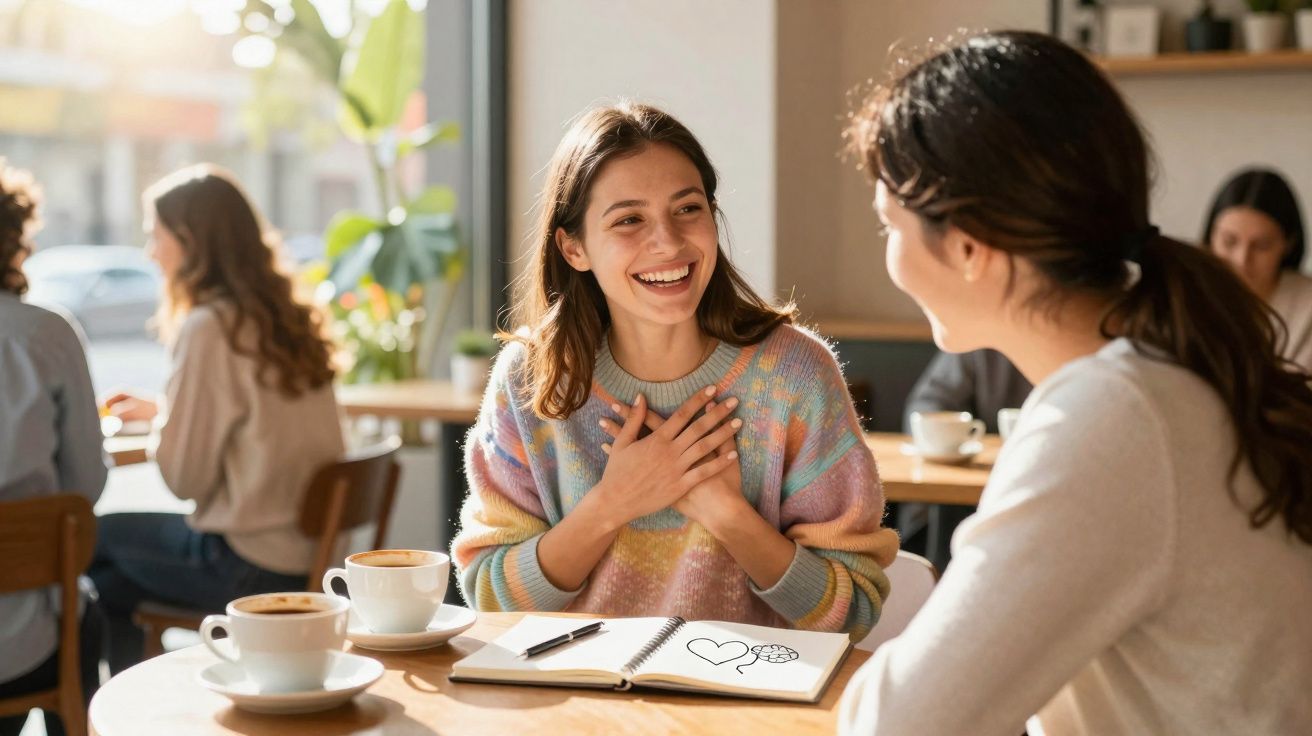 Duas amigas a conversar num café, uma delas sorri com as mãos no peito e um caderno aberto à sua frente.