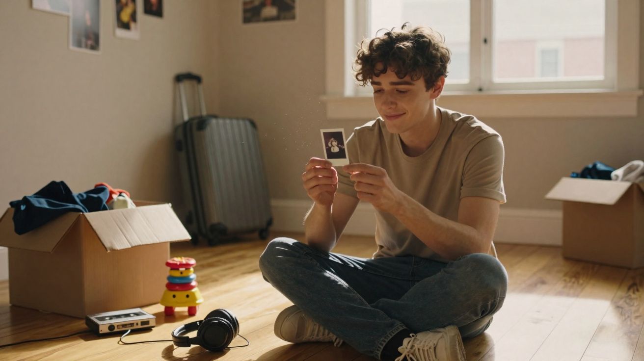 Jovem sentado no chão a olhar com nostalgia para uma fotografia, rodeado por caixas e objetos pessoais.