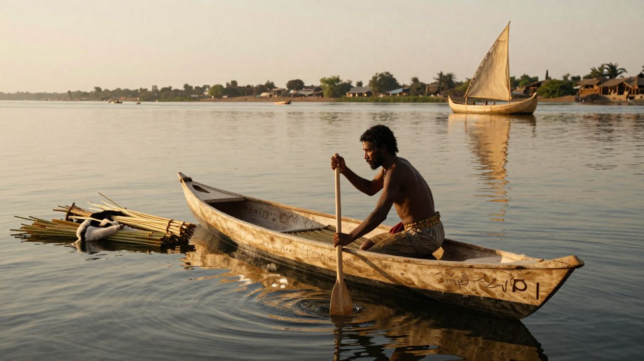 Homem a remar numa canoa de madeira num rio calmo, com barco à vela e margem ao fundo ao pôr do sol.