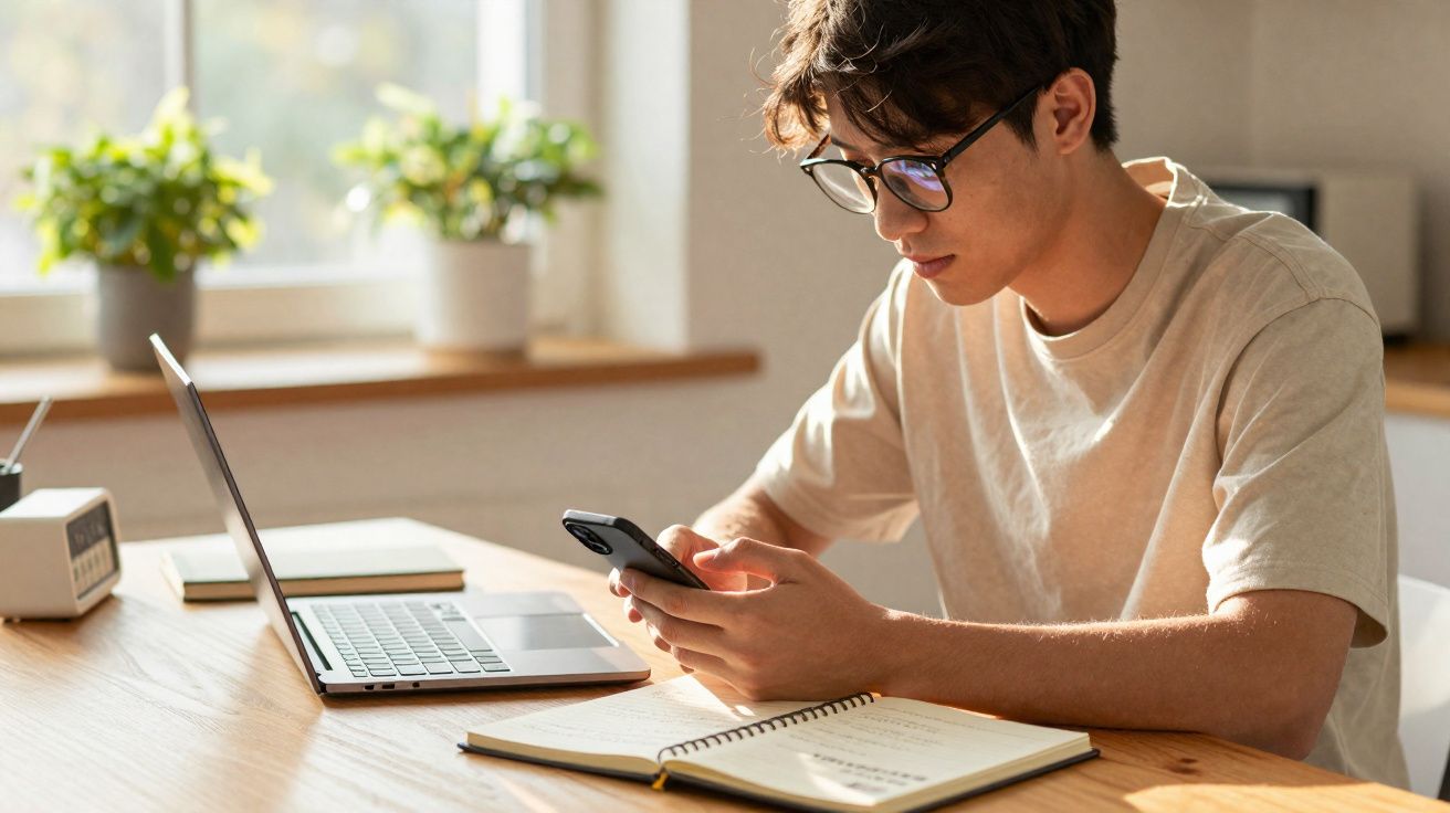 Jovem com óculos sentado a estudar numa mesa com computador portátil, telemóvel e caderno aberto.