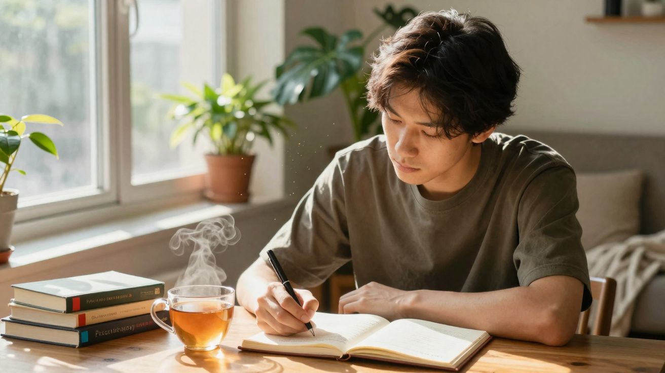 Jovem sentado a escrever num caderno, junto a uma chávena de chá fumegante e uma pilha de livros.