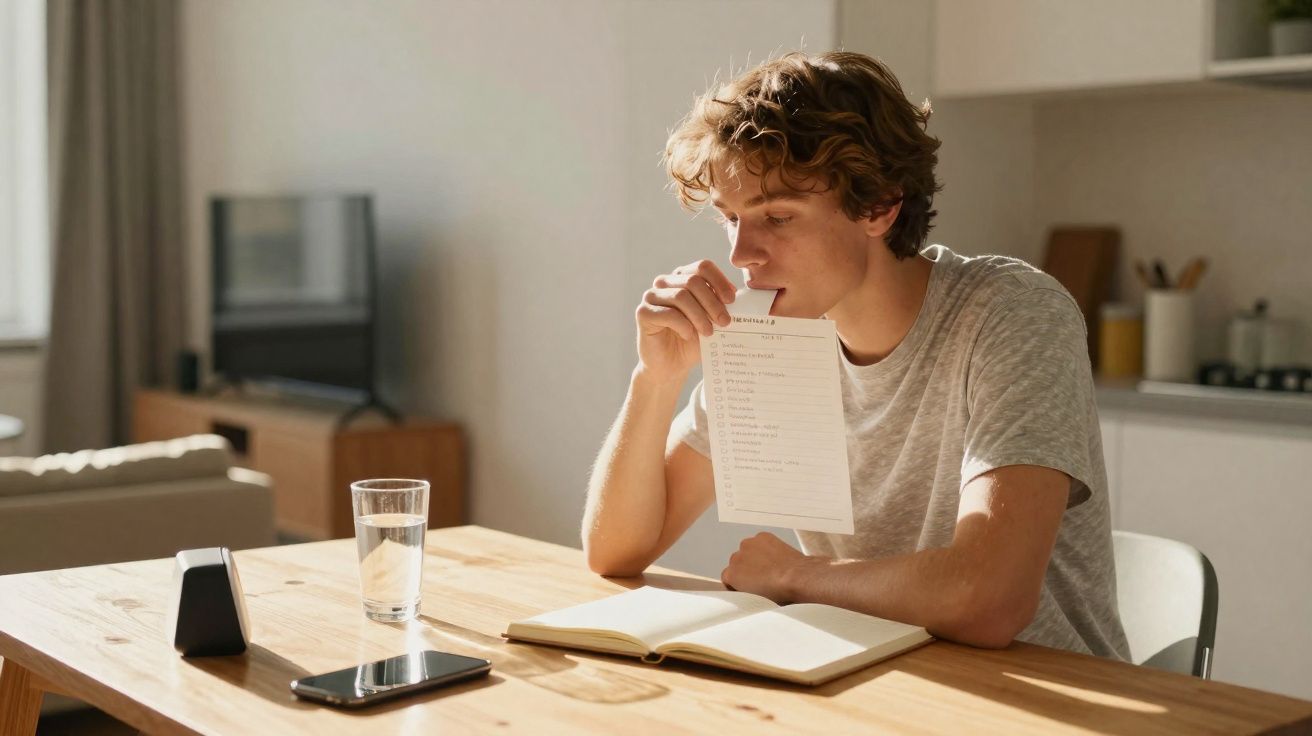 Jovem sentado à mesa lendo uma lista de tarefas em papel, com telemóvel e copo de água à frente.