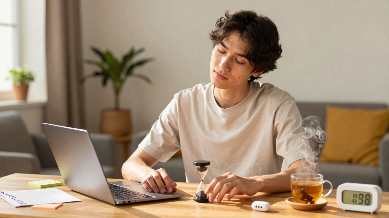 Jovem sentado à mesa com portátil, relógio de areia, chá fumegante e relógio digital em ambiente confortável.