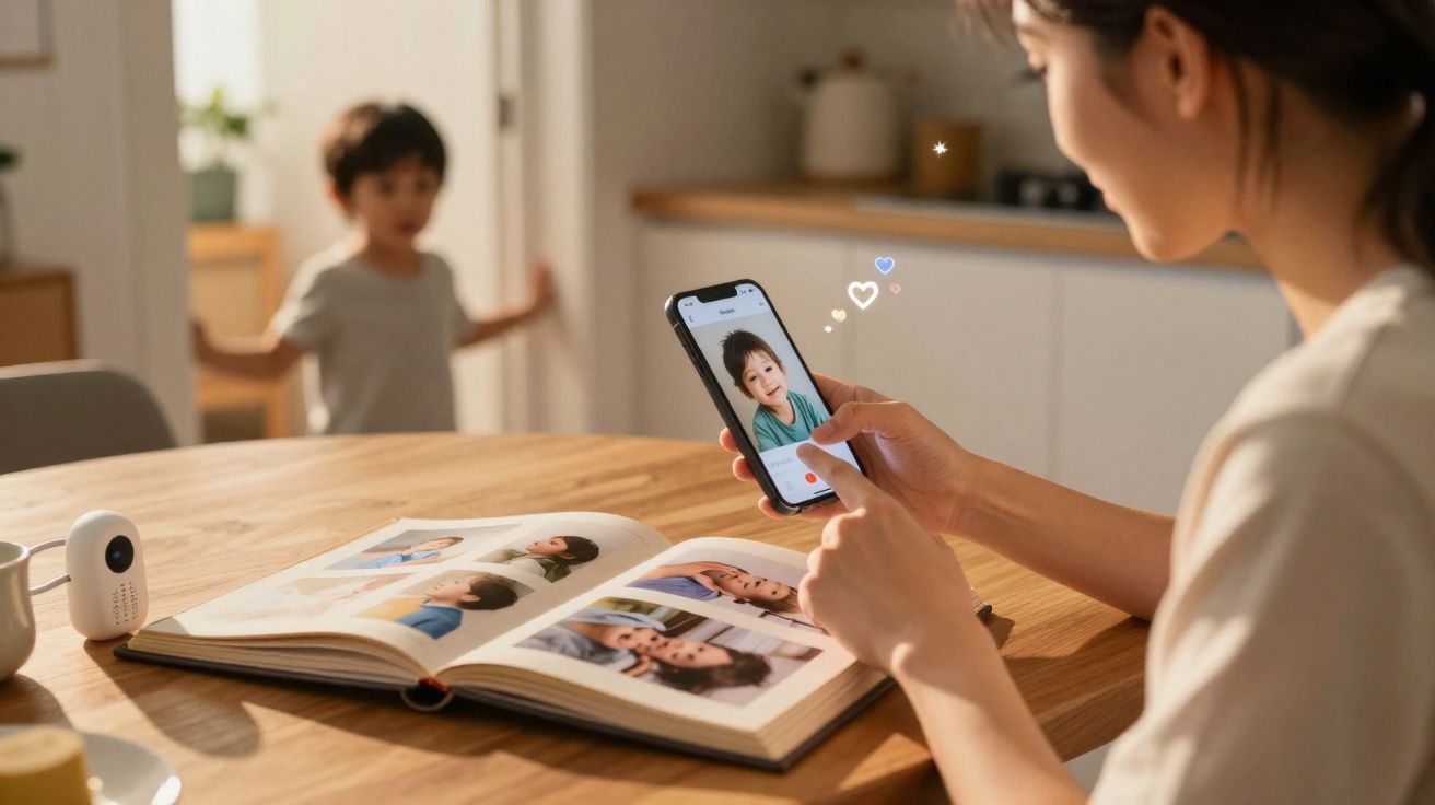 Mulher segura telemóvel com foto de criança, ao lado de álbum de fotografias aberto, com menino ao fundo.