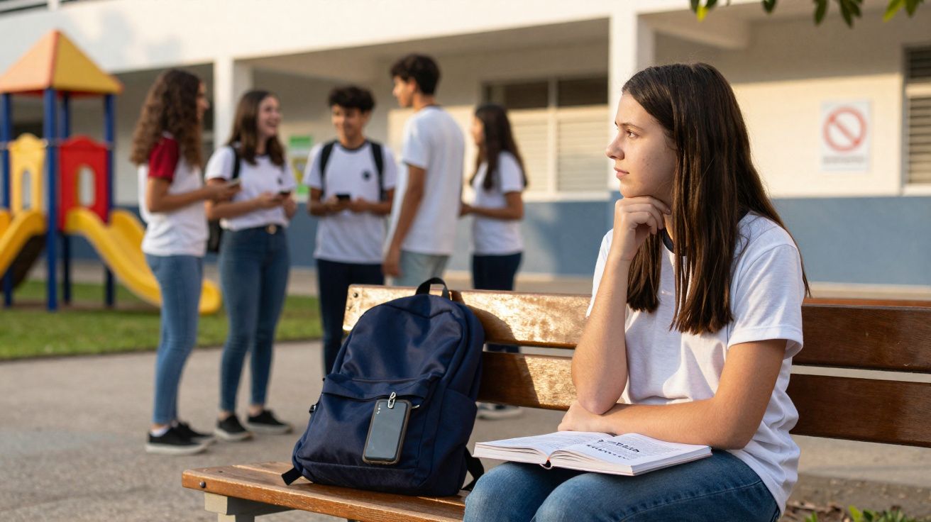 Adolescente sentada sozinha num banco da escola, olhando para um grupo de colegas a conversar ao fundo.