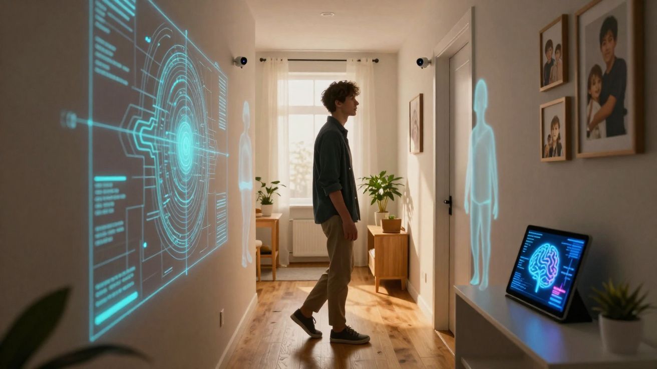 Homem num corredor com projeções holográficas futuristas de figuras humanas e interfaces digitais.