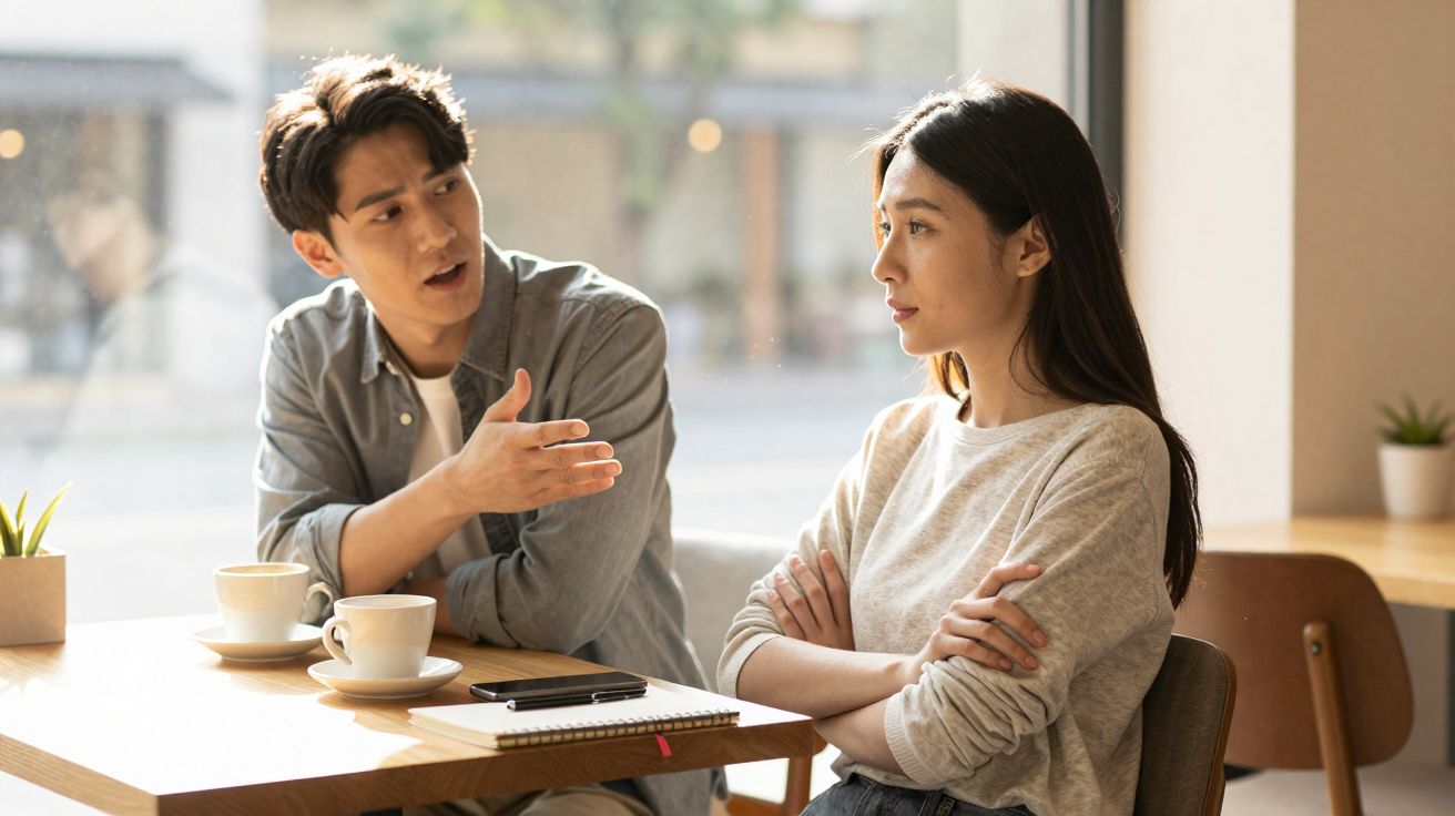 Homem tenta explicar algo a mulher que está com os braços cruzados, ambos sentados num café.