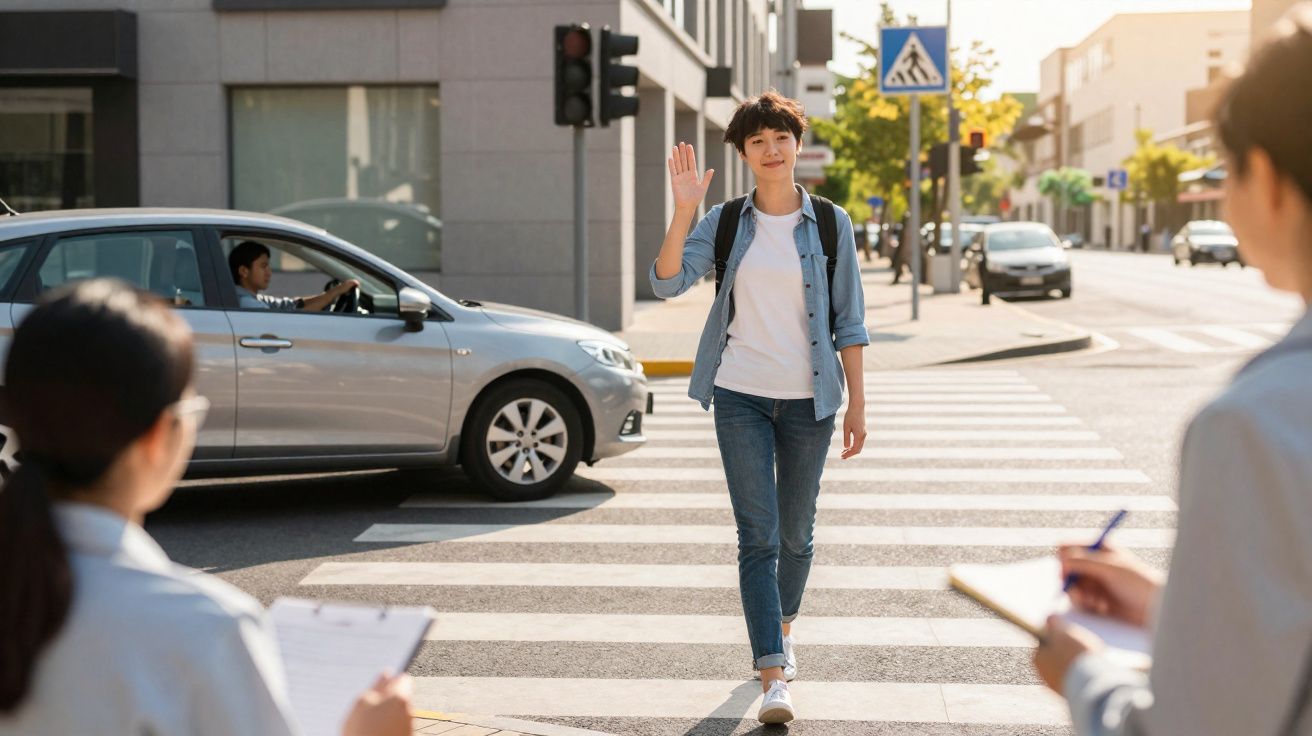 Pessoa jovem a atravessar passadeira e a acenar, com carros e pessoas a observar em zona urbana.