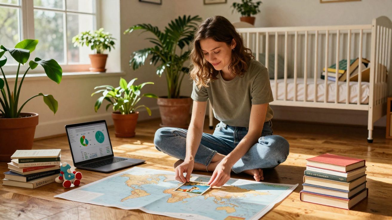 Mulher sentada no chão a olhar para um mapa-múndi com plantas, livros e portátil à volta.