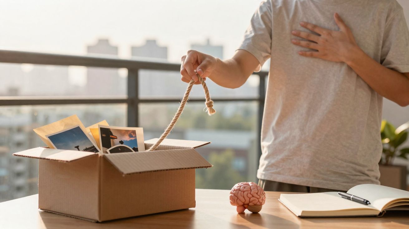 Pessoa segurando corda em caixa de papelão com fotos, próximo a cérebro de modelo e caderno aberto numa mesa.