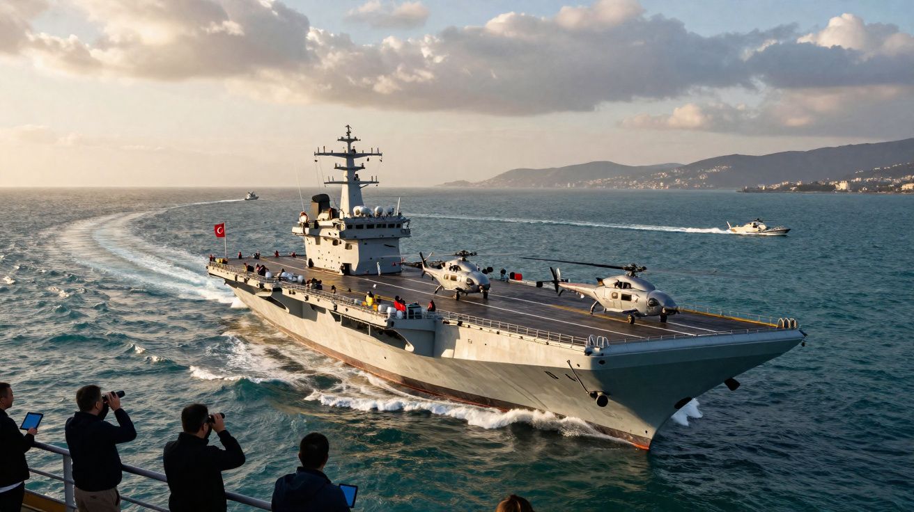 Porta-aviões militar em mar calmo com dois helicópteros no convés e pessoas a observar desde um barco.