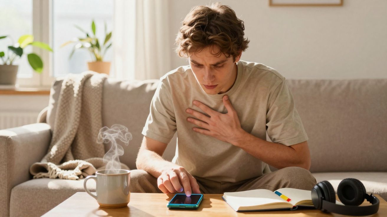 Homem sentado no sofá com expressão de desconforto, segurando o peito e usando telemóvel à frente.